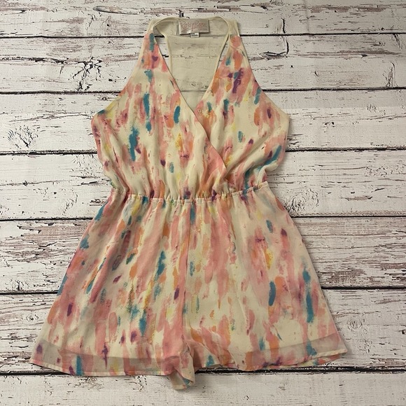 Rory Beca Pink Chiffon Romper Size Medium Watercolor Print Forever 21 Sleeveless - Picture 1 of 12